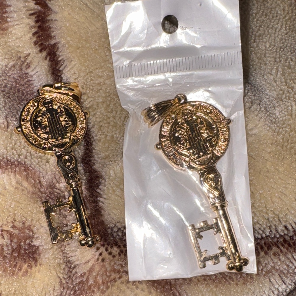 Gold Key Pendant with Saint Benedict Medal